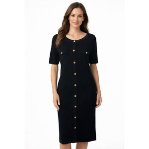 Women's Button Front Knit Midi Dress Size Large Black Short Sleeve Career Office
